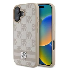   DKNY PU Leather Checkered Pattern and Stripe tok, iPhone 16 - rózsaszín