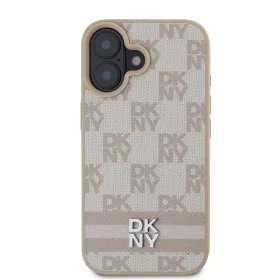   DKNY PU Leather Checkered Pattern and Stripe tok, iPhone 16 - rózsaszín