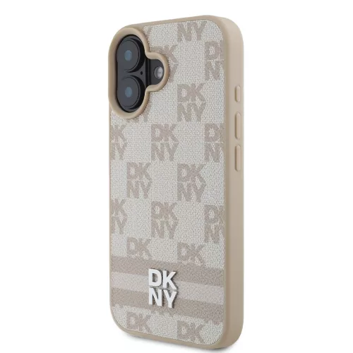 DKNY PU Leather Checkered Pattern and Stripe tok, iPhone 16 - rózsaszín