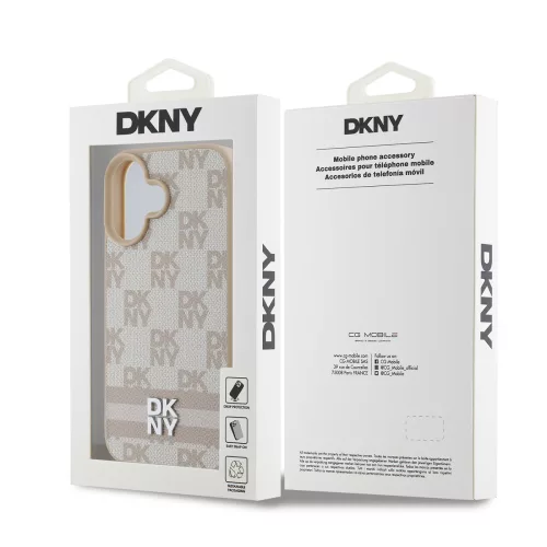 DKNY PU Leather Checkered Pattern and Stripe tok, iPhone 16 - rózsaszín
