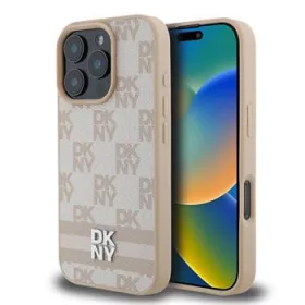   DKNY PU Leather Checkered Pattern and Stripe tok, iPhone 16 Pro - rózsaszín