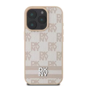   DKNY PU Leather Checkered Pattern and Stripe tok, iPhone 16 Pro - rózsaszín