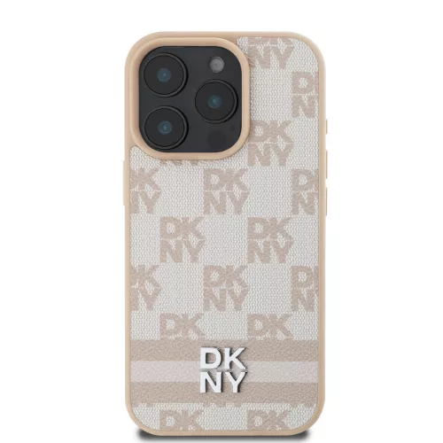 DKNY PU Leather Checkered Pattern and Stripe tok, iPhone 16 Pro - rózsaszín