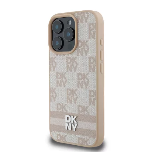 DKNY PU Leather Checkered Pattern and Stripe tok, iPhone 16 Pro - rózsaszín