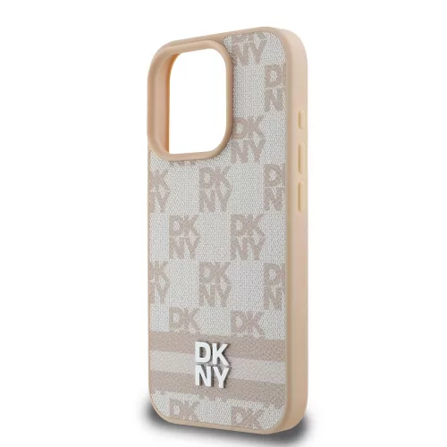 DKNY PU Leather Checkered Pattern and Stripe tok, iPhone 16 Pro - rózsaszín