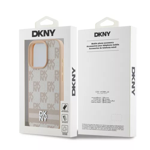 DKNY PU Leather Checkered Pattern and Stripe tok, iPhone 16 Pro - rózsaszín