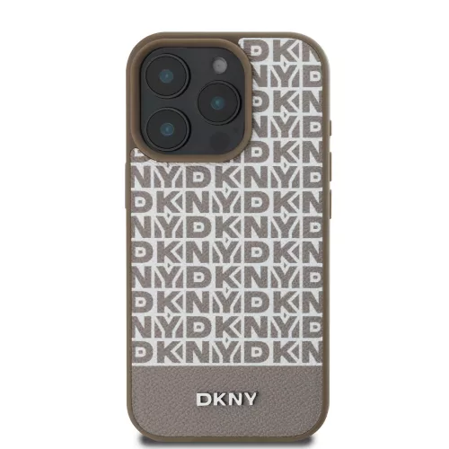DKNY PU Leather Repeat Pattern Bottom Stripe MagSafe tok, iPhone 16 Pro - barna