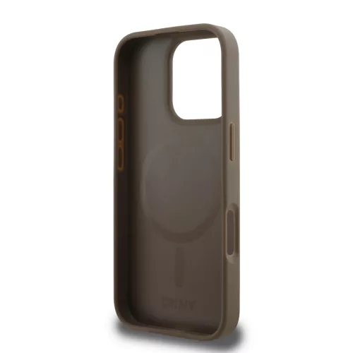 DKNY PU Leather Repeat Pattern Bottom Stripe MagSafe tok, iPhone 16 Pro - barna