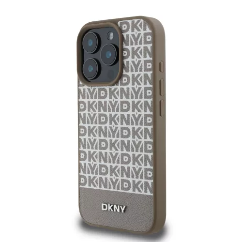 DKNY PU Leather Repeat Pattern Bottom Stripe MagSafe tok, iPhone 16 Pro Max - barna