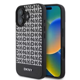   DKNY PU Leather Repeat Pattern Bottom Stripe MagSafe tok, iPhone 16 Plus - fekete