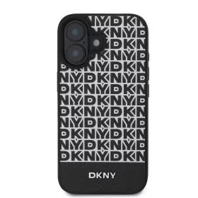   DKNY PU Leather Repeat Pattern Bottom Stripe MagSafe tok, iPhone 16 Plus - fekete