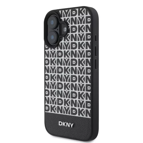 DKNY PU Leather Repeat Pattern Bottom Stripe MagSafe tok, iPhone 16 Plus - fekete
