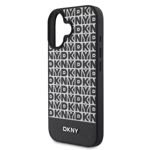 DKNY PU Leather Repeat Pattern Bottom Stripe MagSafe tok, iPhone 16 Plus - fekete