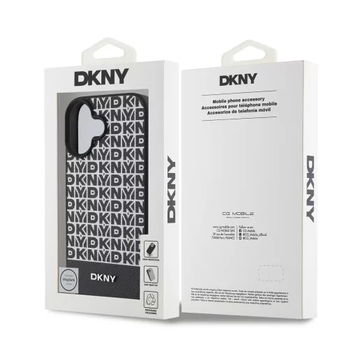 DKNY PU Leather Repeat Pattern Bottom Stripe MagSafe tok, iPhone 16 Plus - fekete
