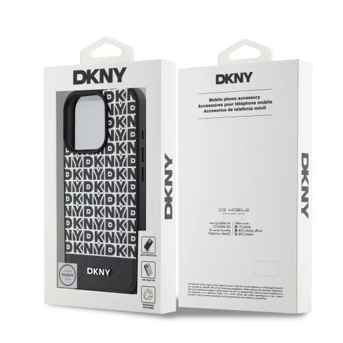 DKNY PU Leather Repeat Pattern Bottom Stripe MagSafe tok, iPhone 16 Pro - fekete
