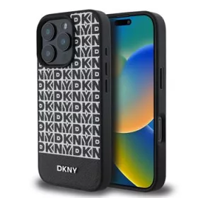   DKNY PU Leather Repeat Pattern Bottom Stripe MagSafe tok, iPhone 16 Pro Max - fekete