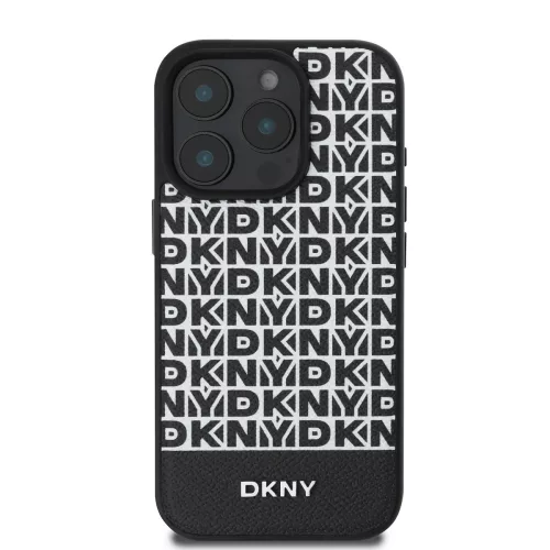 DKNY PU Leather Repeat Pattern Bottom Stripe MagSafe tok, iPhone 16 Pro Max - fekete