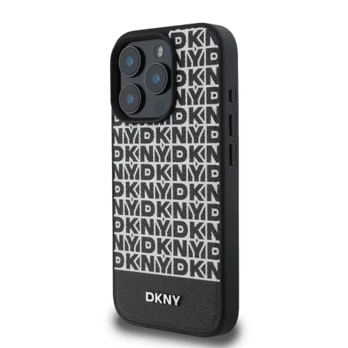 DKNY PU Leather Repeat Pattern Bottom Stripe MagSafe tok, iPhone 16 Pro Max - fekete