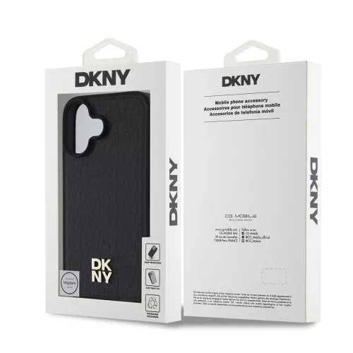 DKNY PU Leather Repeat Pattern Stack Logo MagSafe tok, iPhone 16 Plus - fekete