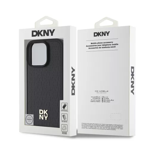 DKNY PU Leather Repeat Pattern Stack Logo MagSafe tok, iPhone 16 Pro - fekete