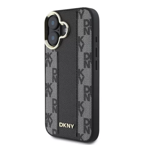 DKNY PU Leather Checkered Pattern Magsafe tok, iPhone 16 Plus - fekete