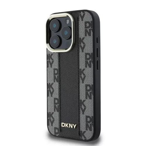 DKNY PU Leather Checkered Pattern Magsafe tok, iPhone 16 Pro - fekete