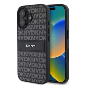   DKNY PU Leather Repeat Pattern Tonal Stripe tok, iPhone 16 Plus - fekete