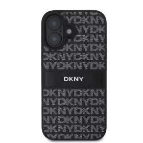   DKNY PU Leather Repeat Pattern Tonal Stripe tok, iPhone 16 Plus - fekete