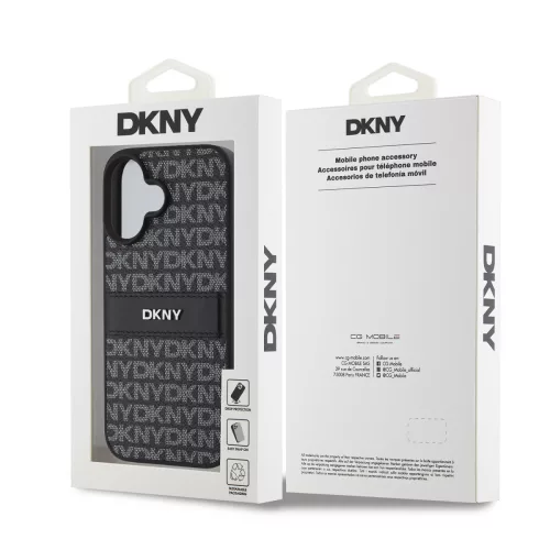 DKNY PU Leather Repeat Pattern Tonal Stripe tok, iPhone 16 Plus - fekete