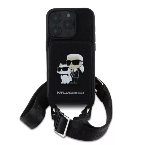 Karl Lagerfeld Saffiano Crossbody Popruh Karl And Choupette tok, iPhone 16 Pro Max - fekete -