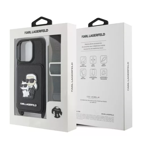 Karl Lagerfeld Saffiano Crossbody Popruh Karl And Choupette tok, iPhone 16 Pro Max - fekete -