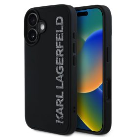   Karl Lagerfeld 3D Rubber Glitter Logo tok, iPhone 16 - fekete