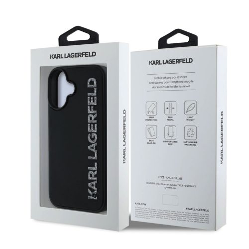Karl Lagerfeld 3D Rubber Glitter Logo tok, iPhone 16 - fekete