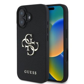 Guess PU Grained 4G Metal Logo tok, iPhone 16 - fekete
