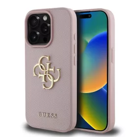   Guess PU Grained 4G Metal Logo tok, iPhone 15 Pro - rózsaszín