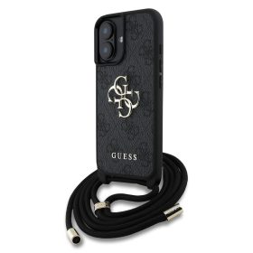   Guess PU 4G Metal Logo Crossbody Popruh tok, iPhone 16 - fekete