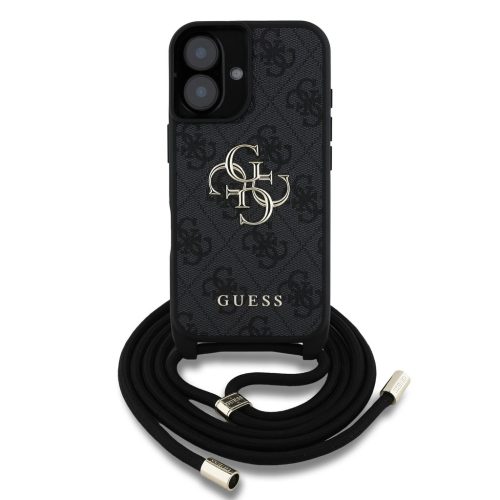 Guess PU 4G Metal Logo Crossbody Popruh tok, iPhone 16 - fekete