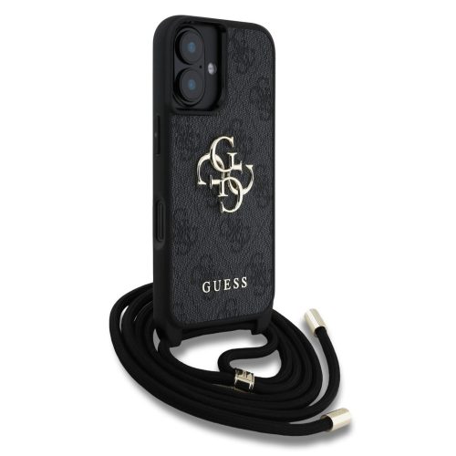 Guess PU 4G Metal Logo Crossbody Popruh tok, iPhone 16 - fekete