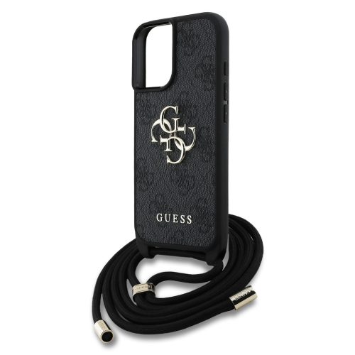 Guess PU 4G Metal Logo Crossbody Popruh tok, iPhone 16 - fekete