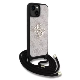   Guess PU 4G Metal Logo Crossbody Popruh tok, iPhone 15 Pro - rózsaszín