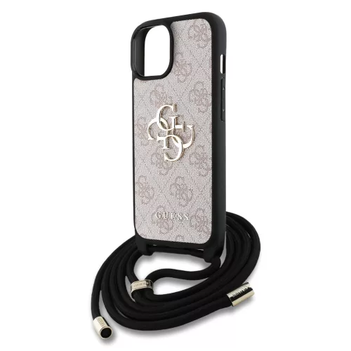 Guess PU 4G Metal Logo Crossbody Popruh tok, iPhone 15 Pro - rózsaszín