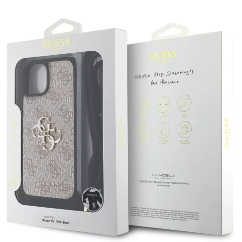 Guess PU 4G Metal Logo Crossbody Popruh tok, iPhone 15 Pro - rózsaszín