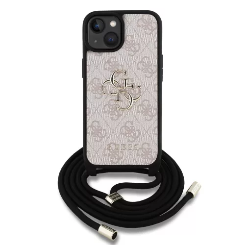 Guess PU 4G Metal Logo Crossbody Popruh tok, iPhone 15 Pro Max - rózsaszín