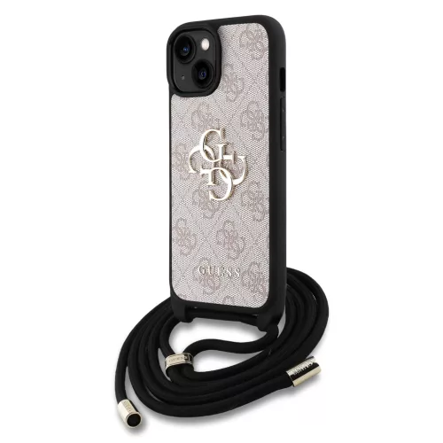 Guess PU 4G Metal Logo Crossbody Popruh tok, iPhone 15 Pro Max - rózsaszín