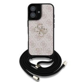   Guess PU 4G Metal Logo Crossbody Popruh tok, iPhone 16 - rózsaszín
