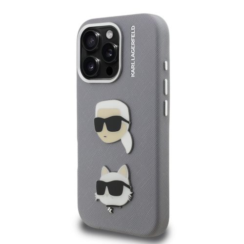 Karl Lagerfeld Grained PU K&CH Heads tok, iPhone 16 Pro - szürke