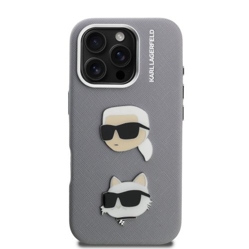 Karl Lagerfeld Grained PU K&CH Heads tok, iPhone 16 Pro - szürke