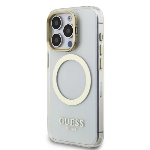 Guess IML - arany Outline Stand Camera Frame MagSafe tok, iPhone 16 Pro Max átlátszó