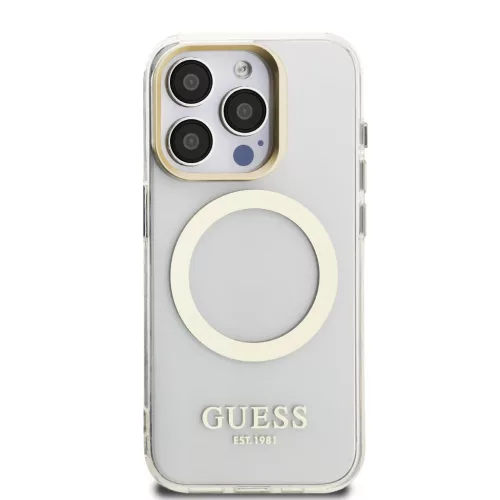 Guess IML - arany Outline Stand Camera Frame MagSafe tok, iPhone 16 Pro Max átlátszó