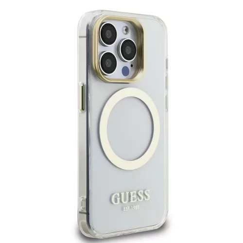 Guess IML - arany Outline Stand Camera Frame MagSafe tok, iPhone 16 Pro Max átlátszó